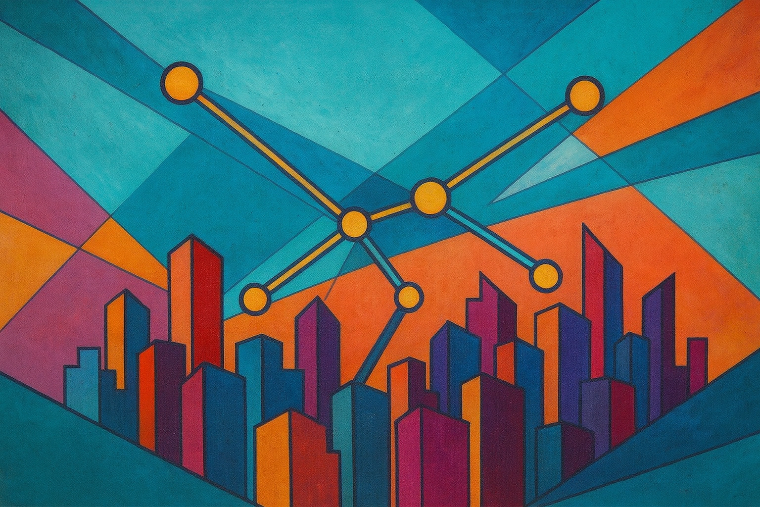 Pintura abstrata de um horizonte de cidade com edifícios coloridos sob um céu geométrico dividido em seções coloridas com linhas conectando pontos.