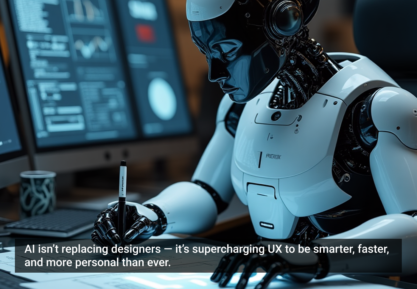 Um robô azul e branco, com complexas partes mecânicas visíveis, usando uma caneta e olhando para múltiplas telas de computador com gráficos.