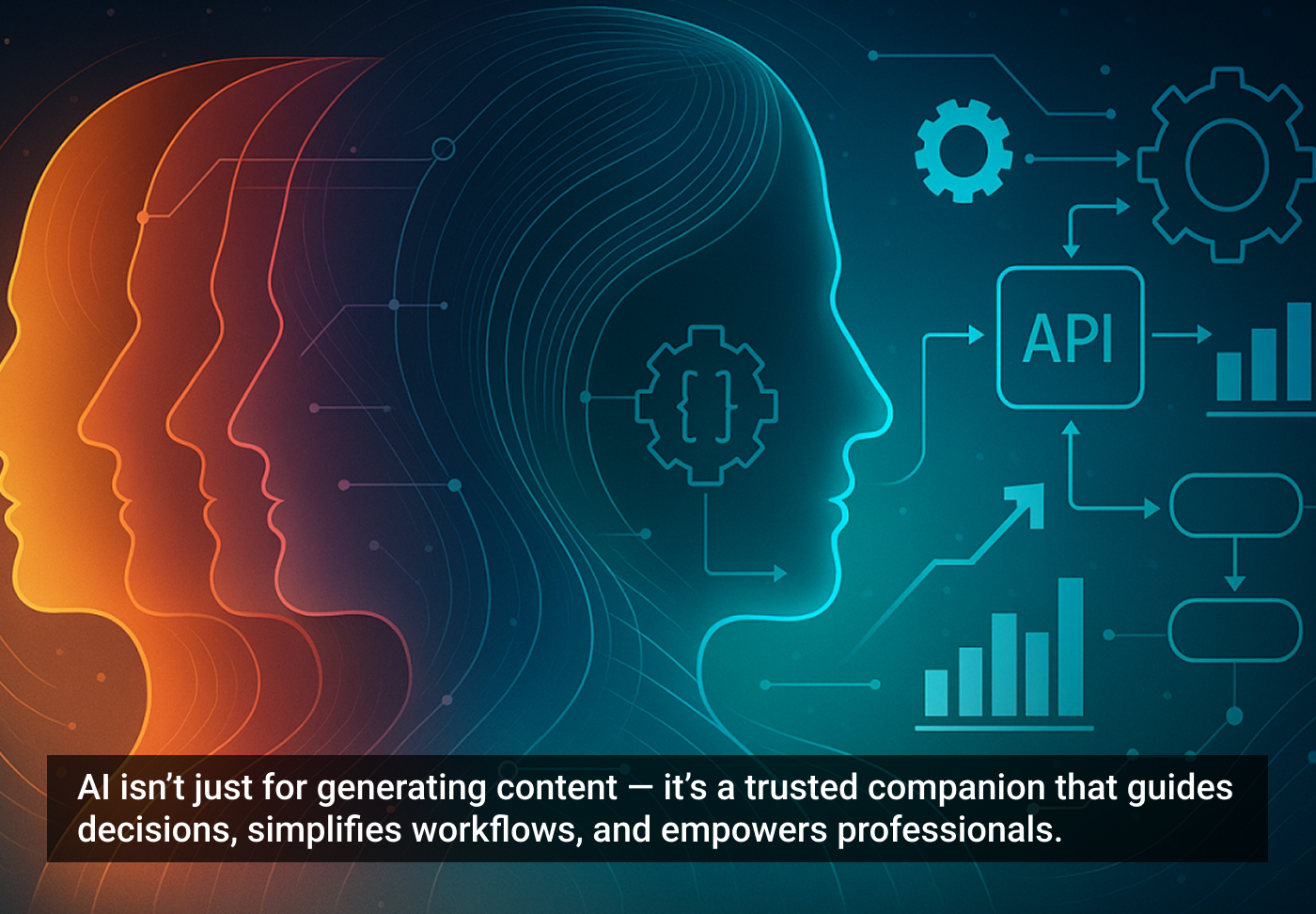 Perfil gráfico de quatro cabeças humanas sobrepostas com ícones tecnológicos, como engrenagens e gráficos, simbolizando a integração da IA em processos.