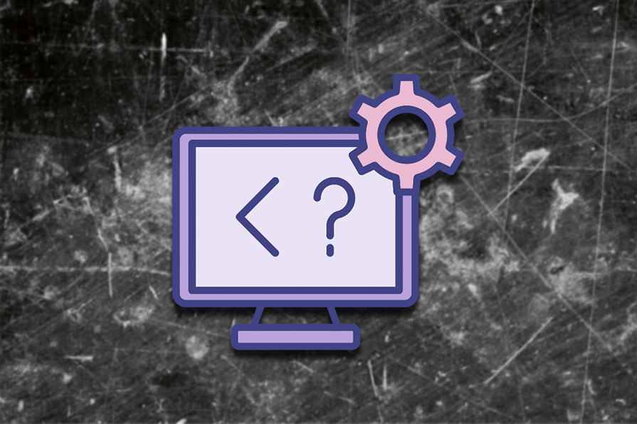 Ícone de monitor com símbolo de interrogação e engrenagem sobre fundo de textura de mármore preto arranhado.