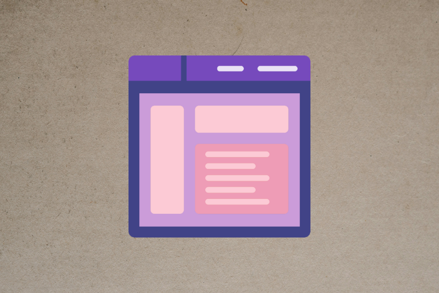Ícone de interface de usuário de site flutuante com layout de cabeçalho e texto em tons de rosa e roxo, sobre fundo de textura de papel.