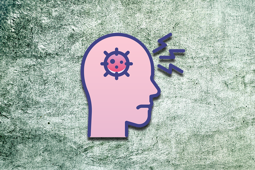 Silhueta de cabeça humana em fundo texturizado, contendo um ícone de vírus no cérebro e símbolos de raio saindo, simbolizando dor ou problema mental.