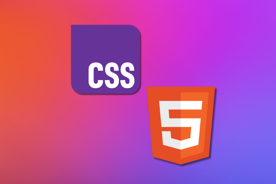 Logotipos do CSS e HTML5 sobre fundo gradiente rosa e roxo. O logo CSS é um quadrado azul com o texto branco 