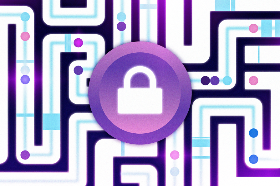 Ilustração de um labirinto estilizado em tons de roxo e azul, com um grande símbolo de cadeado roxo no centro, representando segurança ou privacidade.