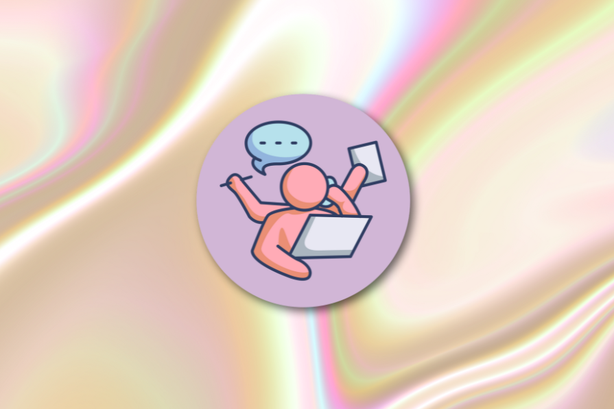 Ícone de personagem estilizado, parecido com um boneco, segurando um laptop e um celular, com um balão de fala acima, sobre um fundo abstrato cintilante e colorido.
