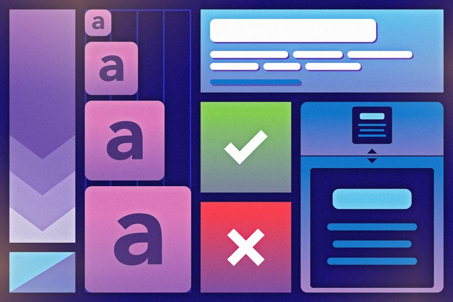 Imagem estilizada de interface de usuário com teclas, ícones de checagem e x, e janelas de texto em tons vibrantes de roxo, azul e verde.