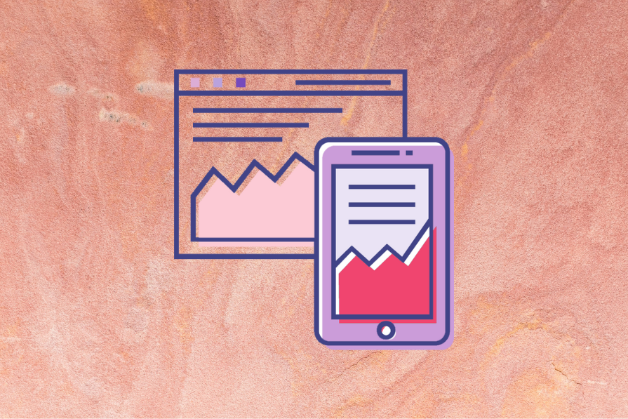 Ícones de um smartphone e uma página da web com gráficos, sobre fundo abstrato rosa.