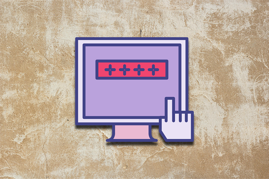 Ícone estilizado de computador em fundo de textura de parede desgastada com um cursor clicando em uma barra roxa com quatro símbolos de adição vermelhos.