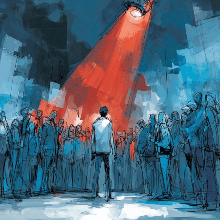 Um homem de costas está em destaque sob um holofote vermelho, cercado por uma multidão anônima em um cenário urbano estilizado e colorido em tons de azul e cinza.