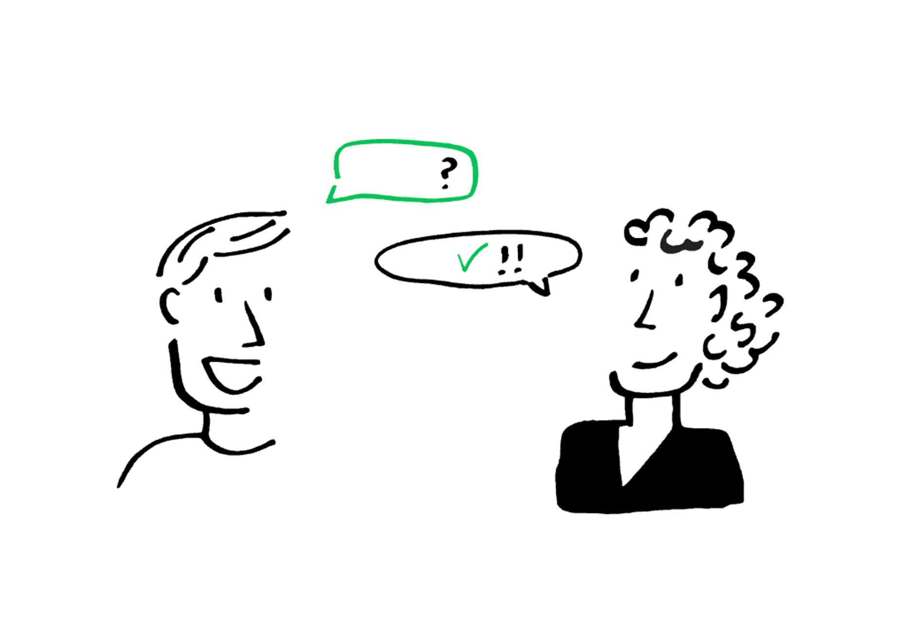 Dois desenhos de pessoas conversando com balões de fala contendo um ponto de interrogação e um sinal de verificação.