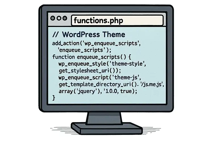 Monitor exibe código PHP para tema WordPress, com funções para adicionar scripts e estilos.