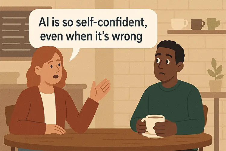 Dois desenhos animados sentados à mesa em um café. Uma mulher ruiva fala, com balão de texto: 