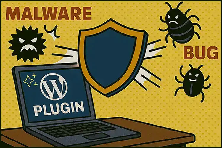 Ilustração estilizada mostrando um laptop com um plugin do WordPress sendo protegido por um escudo, cercado por ícones de malware e bugs.