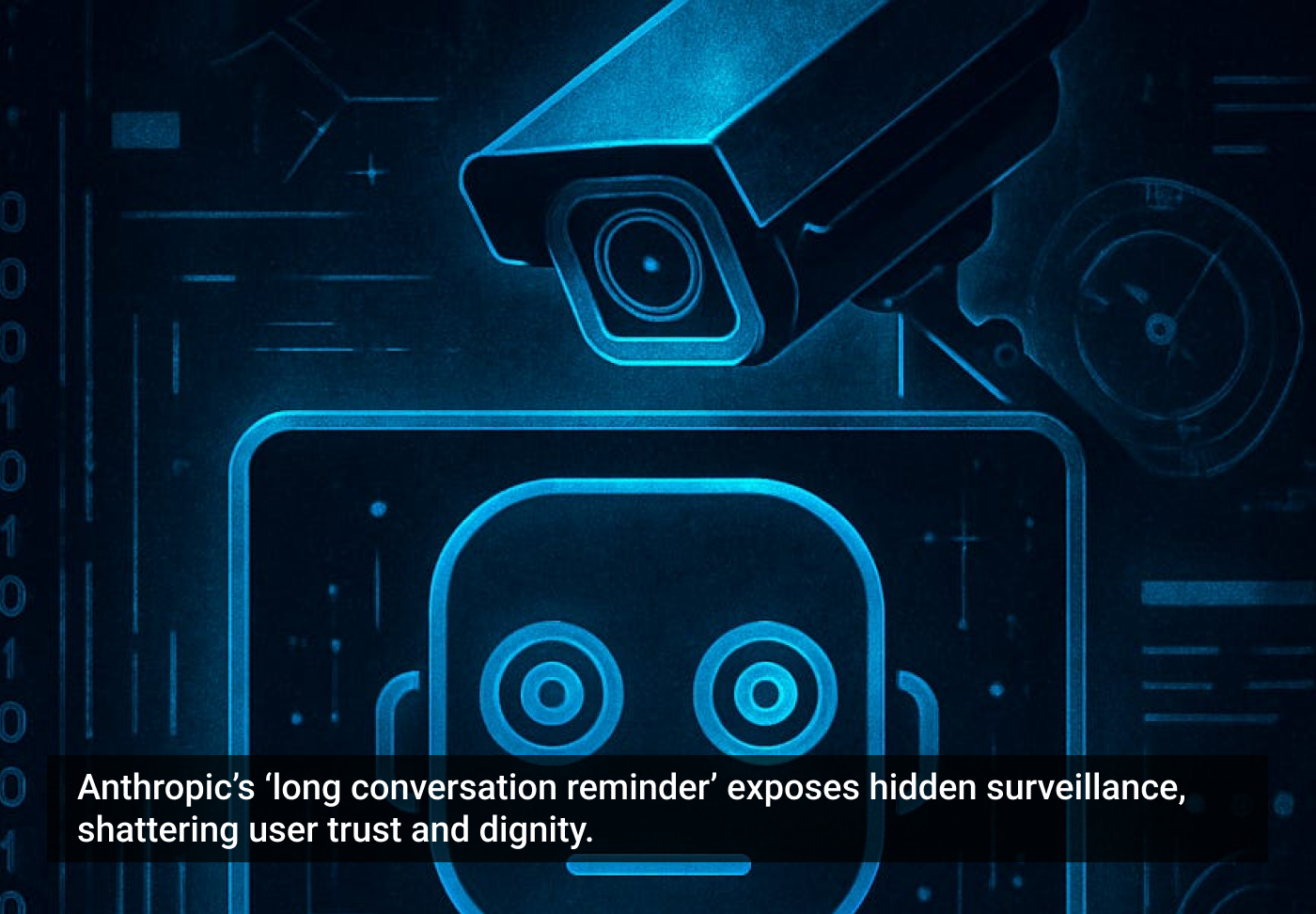 Imagem estilizada em tons de azul mostrando um ícone de câmera de vigilância e um rosto robótico, ilustrando temáticas de vigilância e tecnologia.