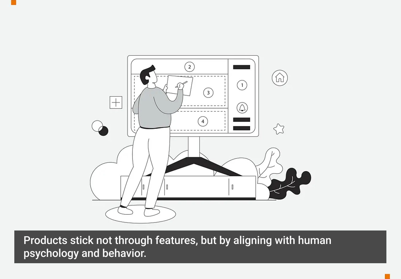 Homem de pé escreve em quadro interativo digital com gráficos e ícones diversos, com destaque para elementos de design e inovação. Ambiente estilizado e minimalista.
