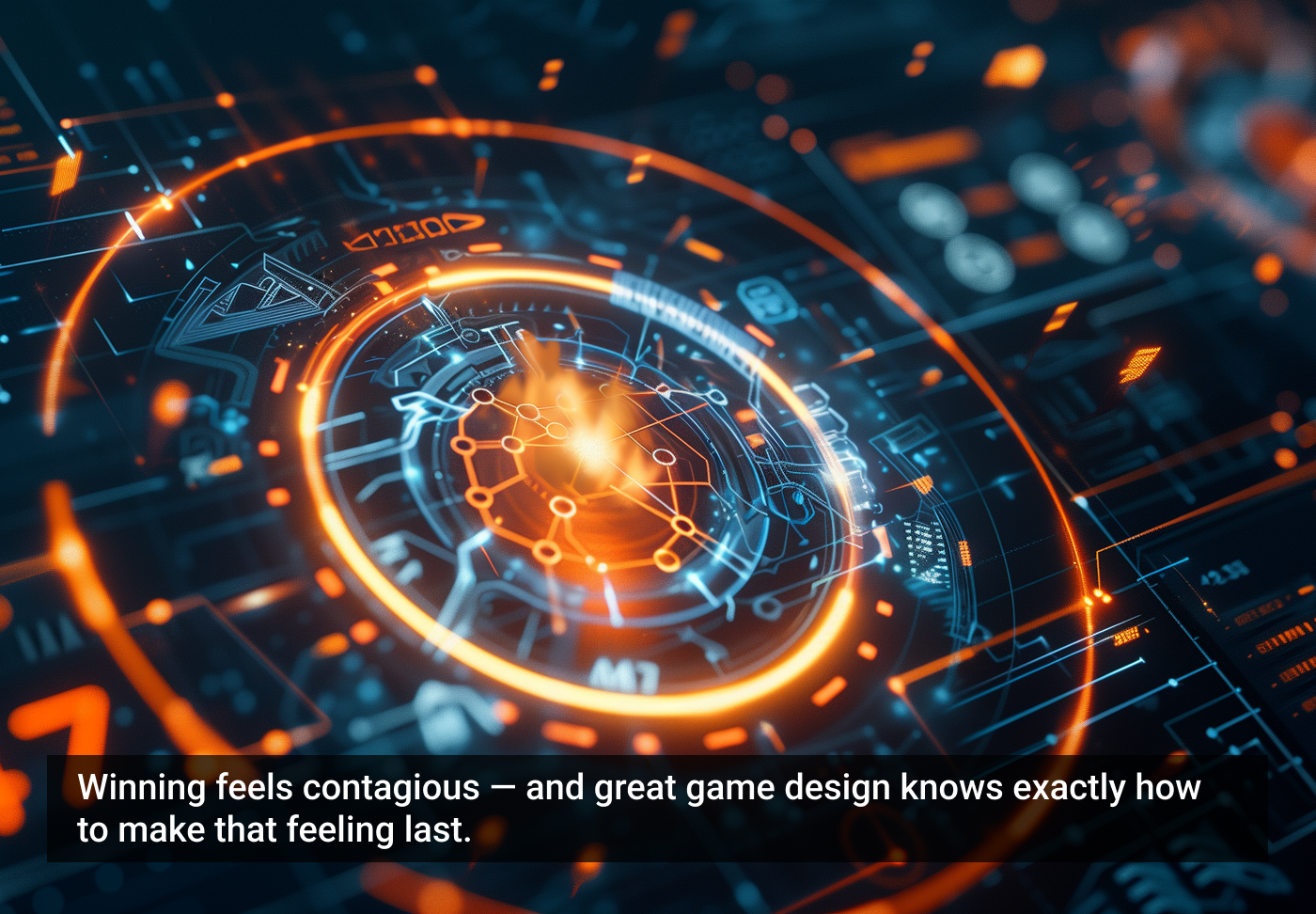 Placa de circuito futurista com luzes azuis e laranjas destacando conexões e textos em um ambiente digital avançado.