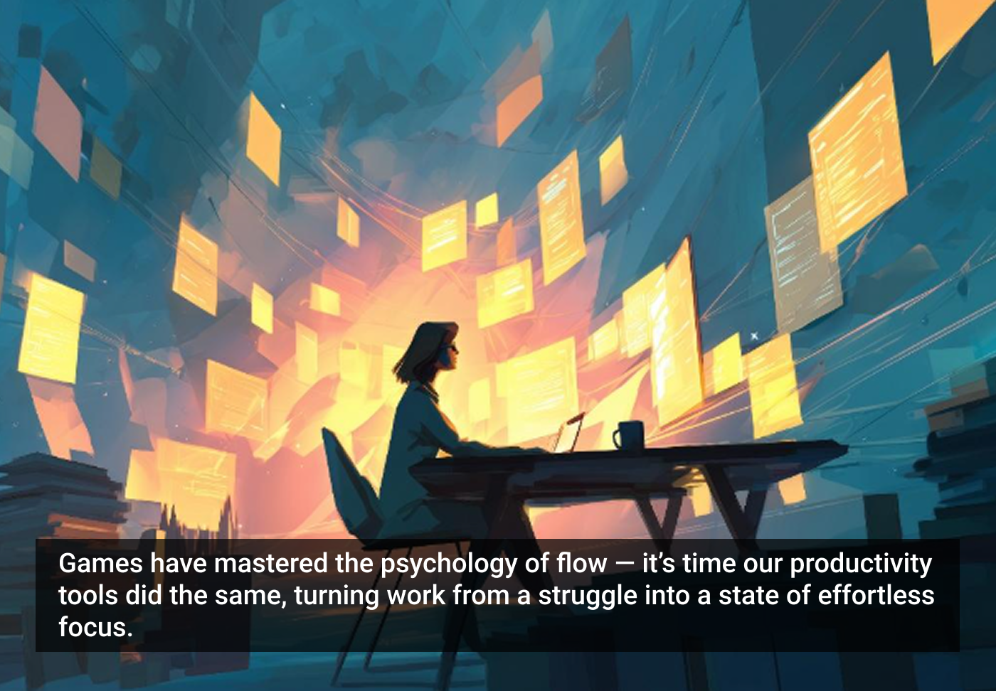 Mulher trabalhando em um laptop, cercada por telas flutuantes digitais em um ambiente iluminado e colorido, destacando a produtividade e o foco.