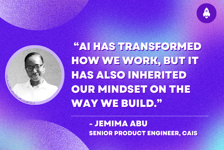 Imagem com fundo roxo e detalhes em lilás, apresentando uma citação de Jemima Abu, uma mulher negra de óculos e camisa branca, dentro de um círculo. Texto destaca impacto da IA no trabalho.