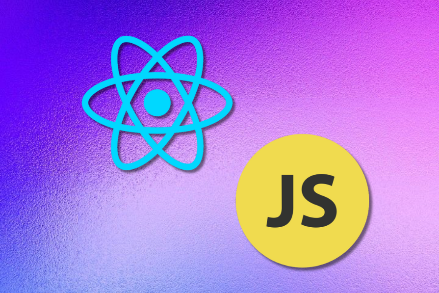 Logotipo do React em azul claro à esquerda sobre fundo roxo degradê e ícone amarelo com as letras 