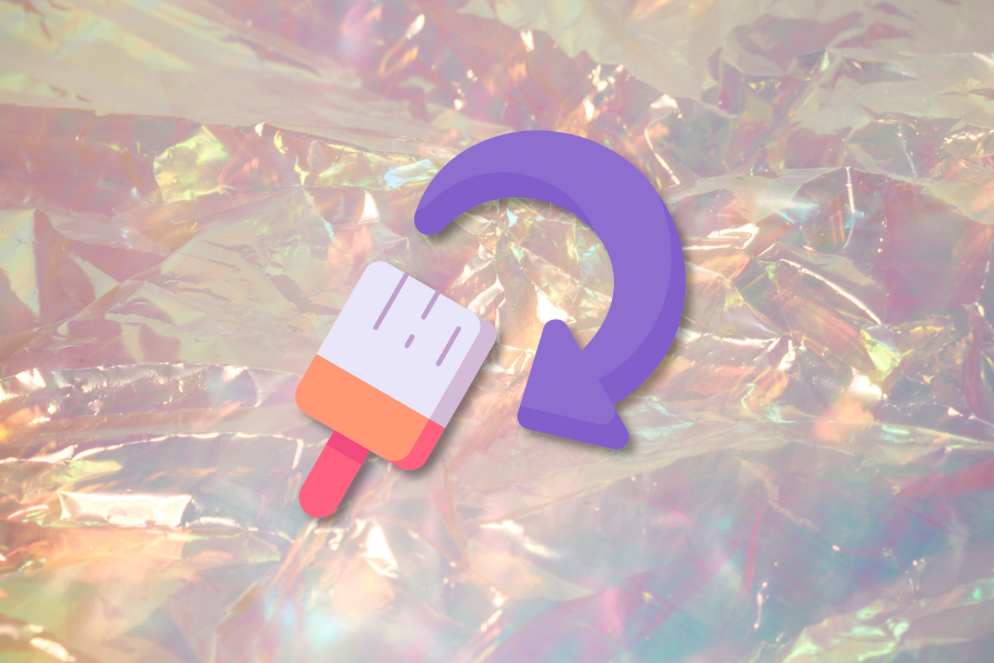 Ícone de sorvete e seta roxa sobre fundo iridescente de papel alumínio.