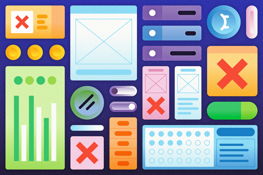 Ilustração colorida de uma variedade de elementos de interface de usuário como botões, ícones, gráficos e controles deslizantes em um estilo vibrante e geométrico.