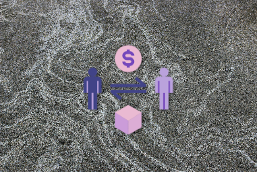 Ícones representando duas pessoas com setas e um símbolo de dólar entre elas, sobre fundo de areia com padrões ondulados.