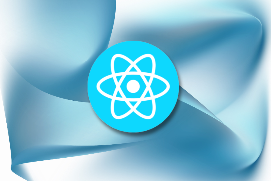 Logotipo azul do React em círculo sobre fundo abstrato azul com padrões ondulados.