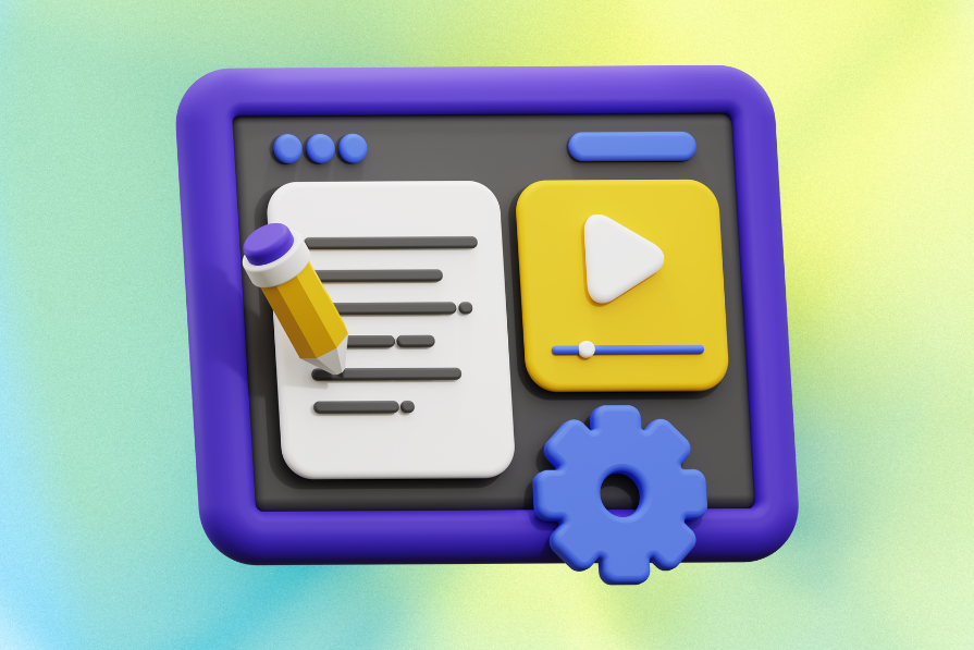 Ilustração em 3D de uma interface de aplicativo com ícones de lápis e papel, botão de play e engrenagem em fundo gradiente verde e amarelo.