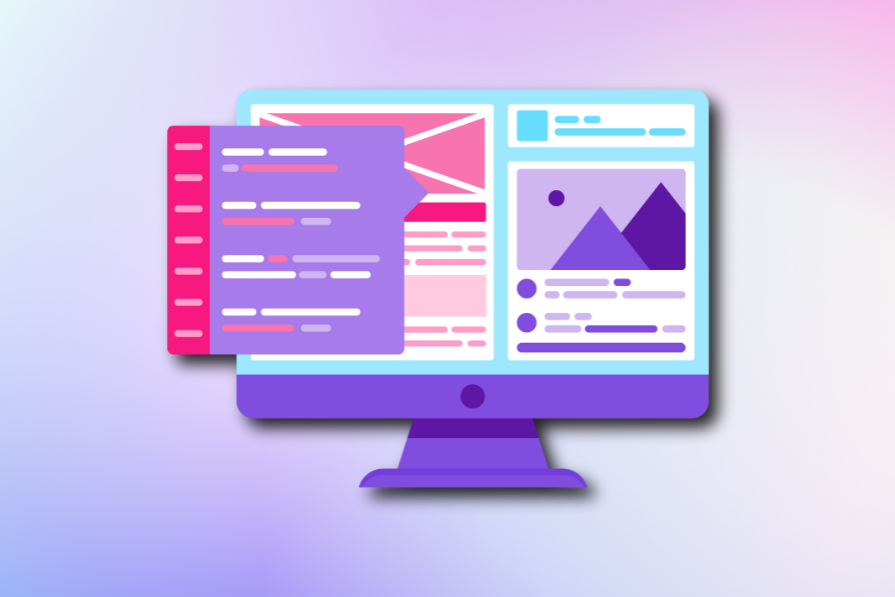 Monitor roxo com imagens de interfaces de usuário e gráficos, incluindo ícones e barras de texto, sobre fundo gradiente rosa e azul.