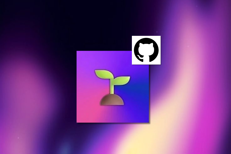Ícone de uma planta verde sobre fundo roxo e rosa degradê, acompanhada de um pequeno ícone da plataforma GitHub no canto superior direito.