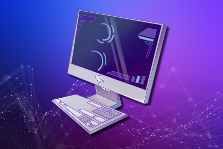 Ilustração em 3D de um computador desktop moderno com ícones em estilo futurista na tela, sobre fundo roxo com linhas de rede digitais.