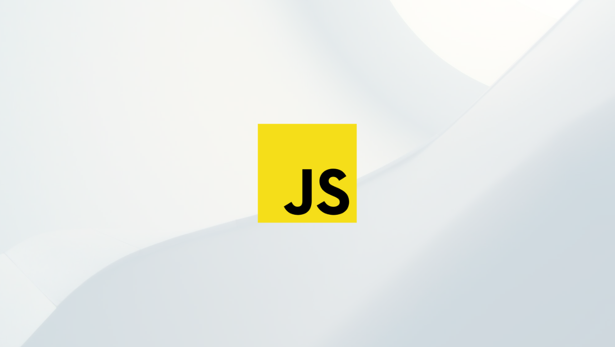 Logotipo do JavaScript (JS) em quadrado amarelo sobre fundo com ondas suaves em tons de branco e cinza claro.