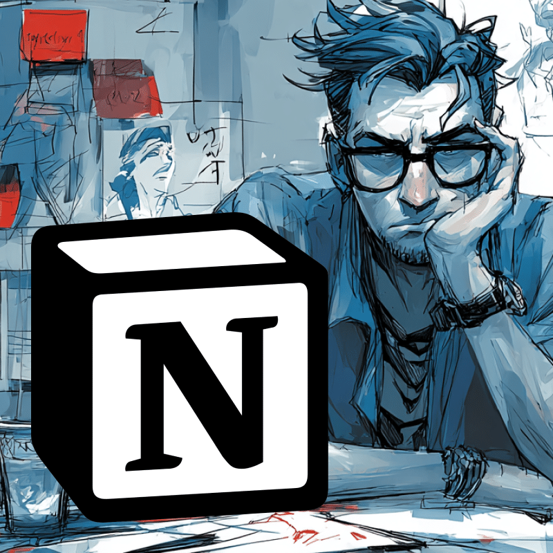 Ilustração de um homem pensativo com óculos e cabelos azuis, apoiando a cabeça na mão, próximo a um cubo grande com a letra 'N'.