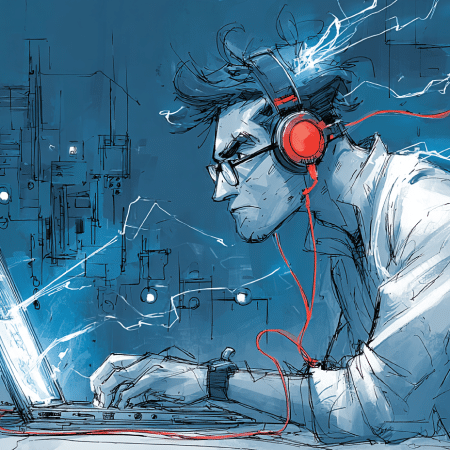 Ilustração de um homem concentrado usando fones de ouvido enquanto digita em um laptop, com linhas energizadas e um fundo urbano estilizado.