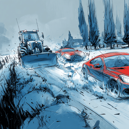 Ilustração de um trator removendo neve da estrada, com carros vermelhos parcialmente cobertos de neve ao lado. Ambiente frio com árvores ao fundo.