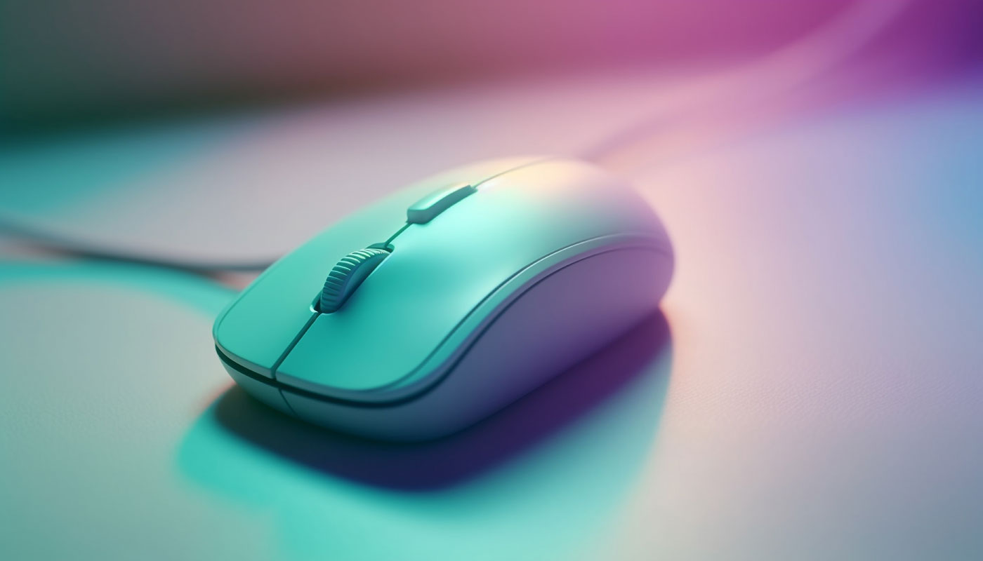 Um mouse de computador azul-turquesa sobre uma superfície lisa com iluminação suave em tons de rosa e azul.