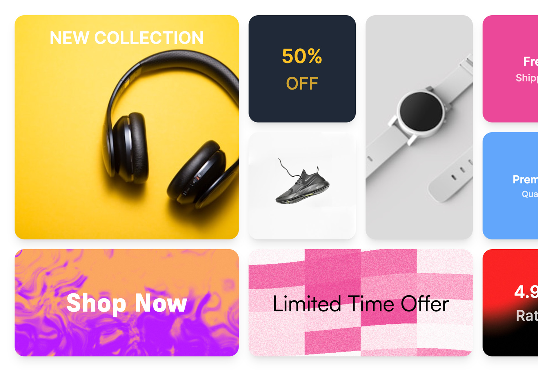 Montagem com várias ofertas e produtos, incluindo fones de ouvido, relógio, tênis, com textos promocionais como 